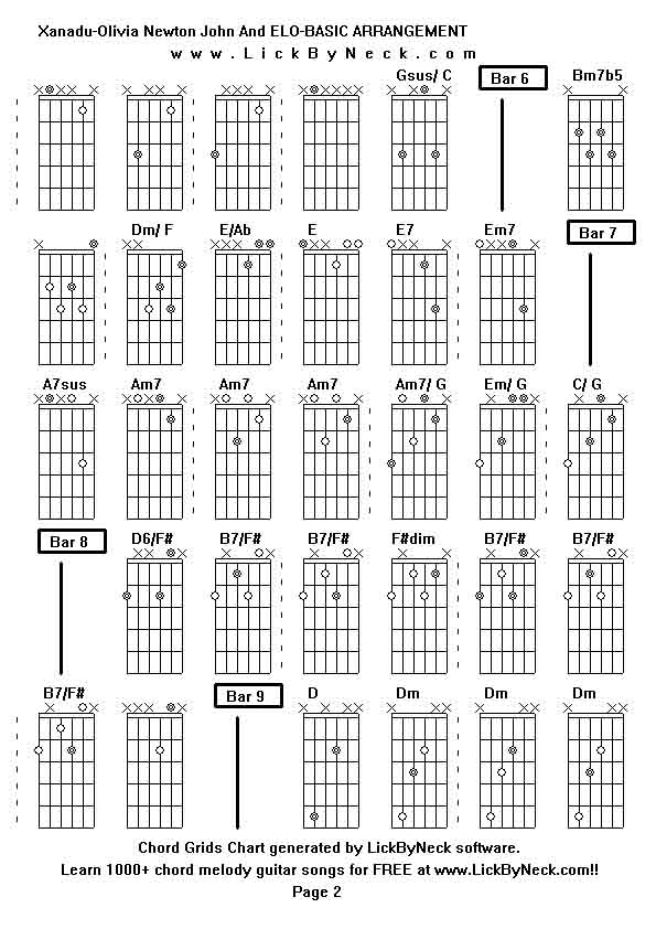 Chord Grids Chart of chord melody fingerstyle guitar song-Xanadu-Olivia Newton John And ELO-BASIC ARRANGEMENT,generated by LickByNeck software.